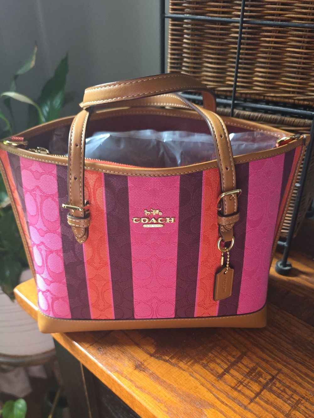 COACH Mollie 25 Striped Pink, Orange & Dark Pink Signature Tote with Tan Trim